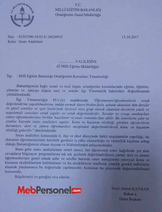 MEB'den ''Sınav Analizleri'' Yazısı