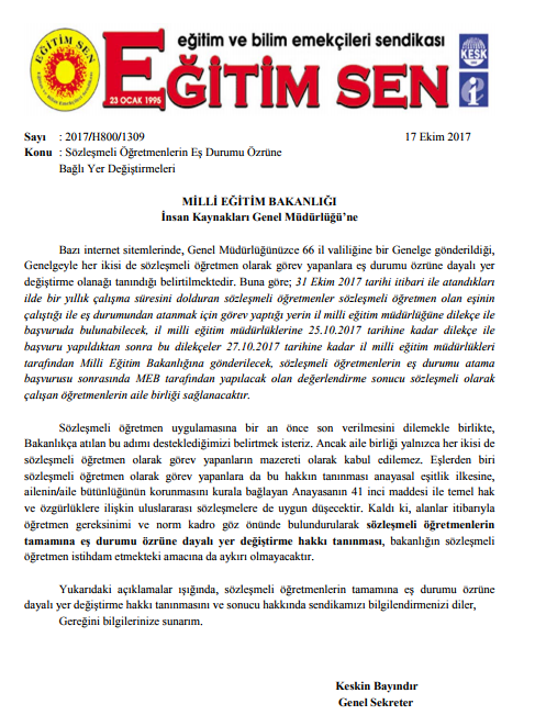 Tüm Sözleşmeli Öğretmenlere Eş Durumu Hakkı Tanınmalıdır