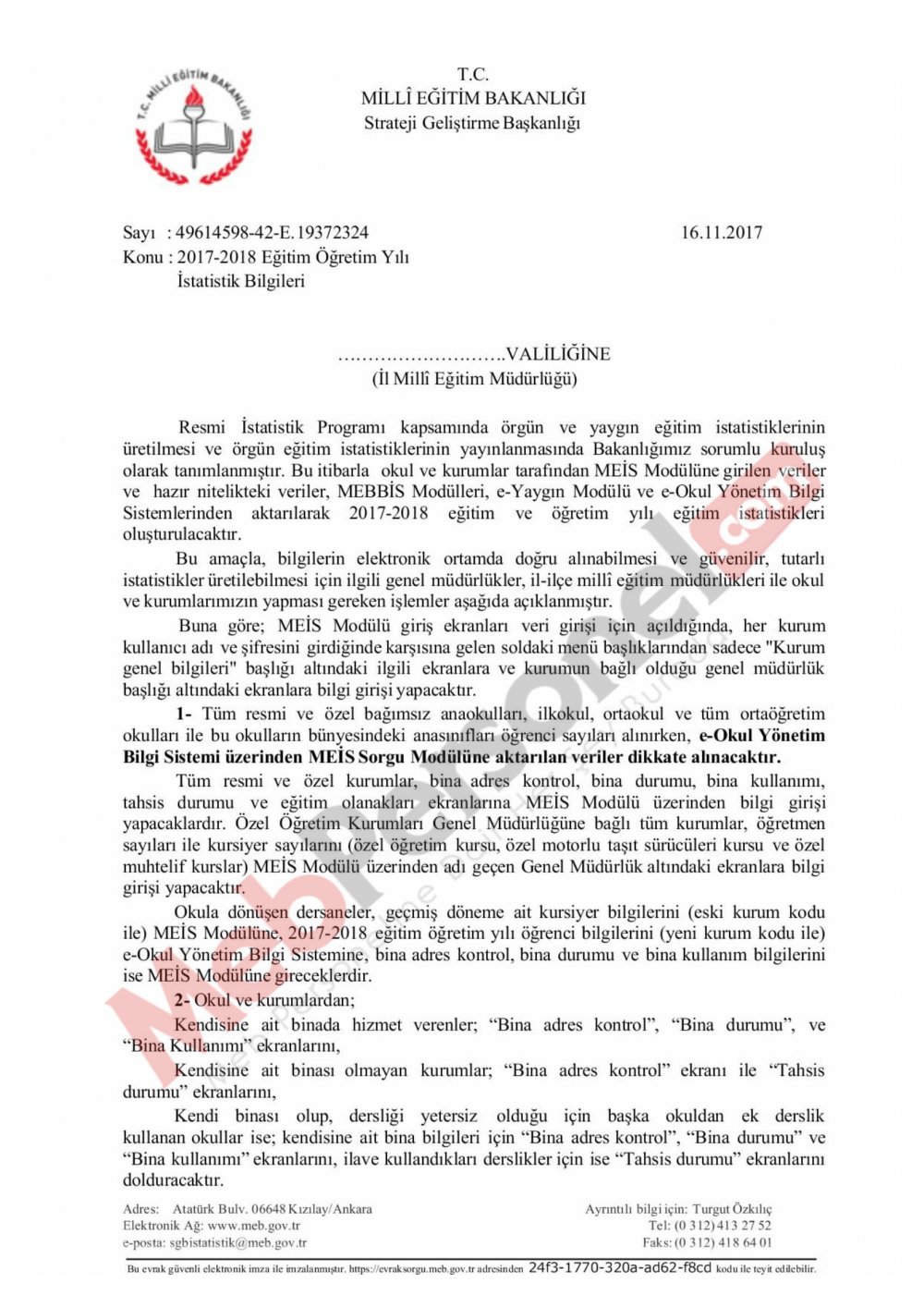 MEB'den Okul/Kurum Müdürlüklerine Önemli ''İstatistik Bilgileri'' Yazısı