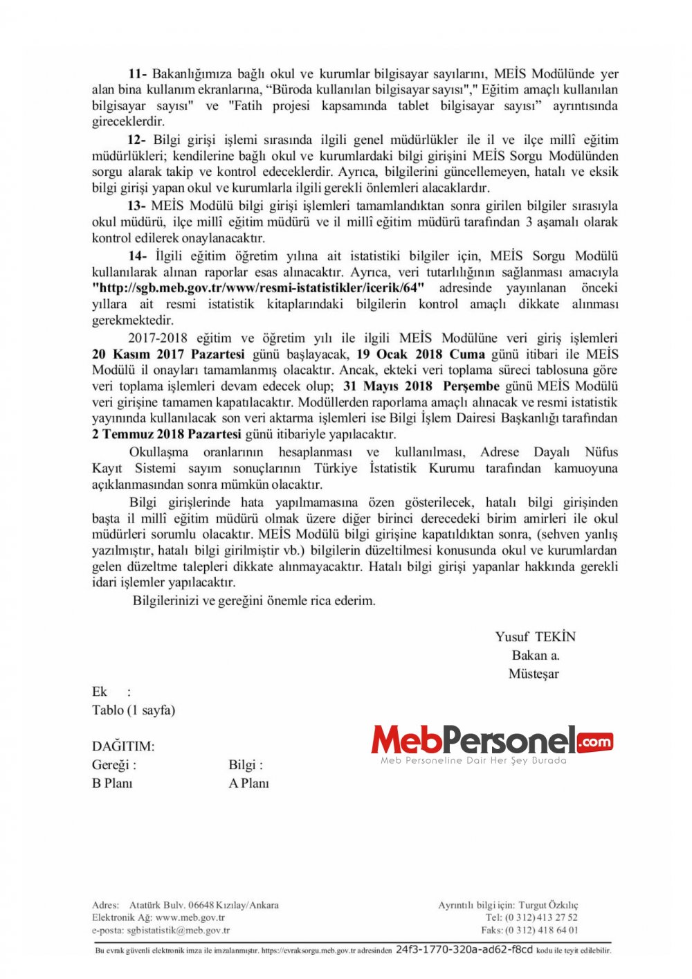 MEB'den Okul/Kurum Müdürlüklerine Önemli ''İstatistik Bilgileri'' Yazısı