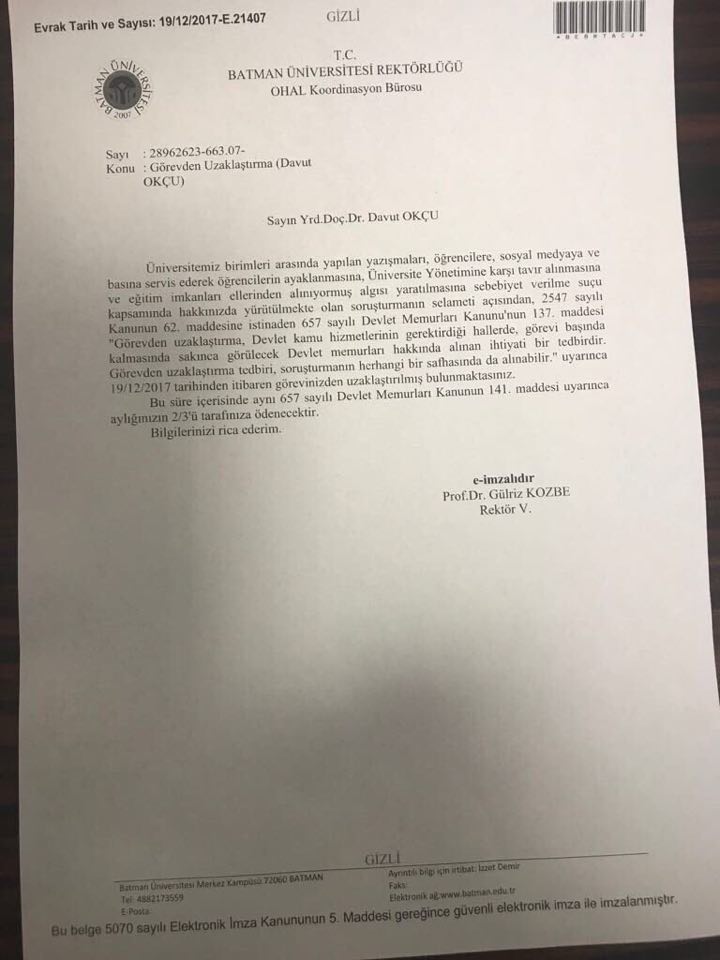 Batman Üniversitesinde Fatura Davut Okçu'ya Kesildi