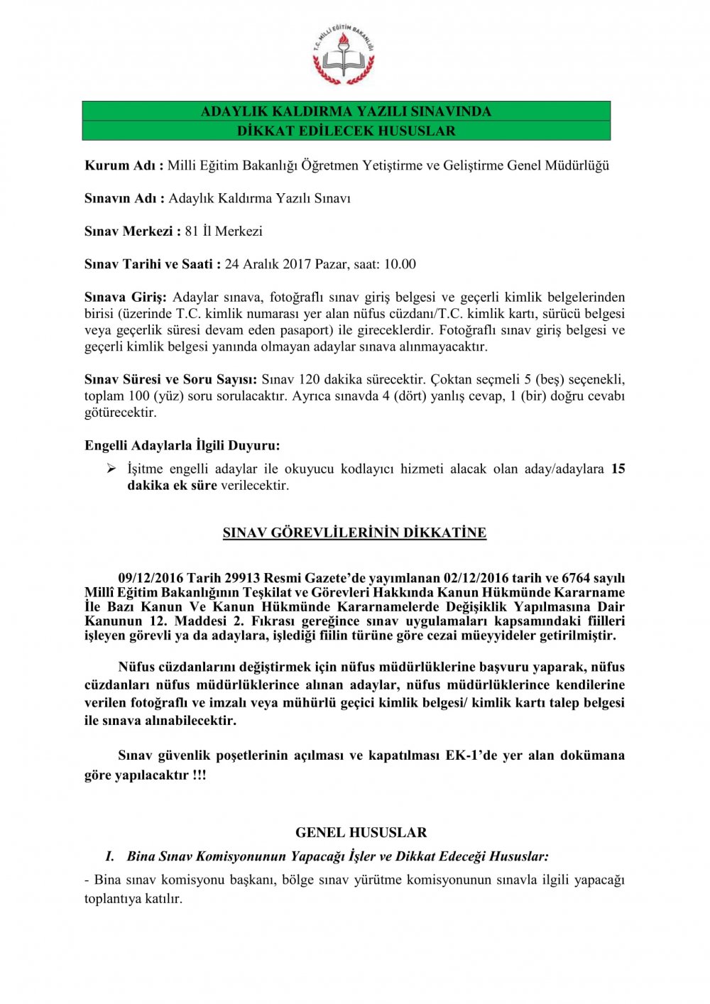 Adaylık Kaldırma Yazılı Sınavında Dikkat Edilecek Hususlar