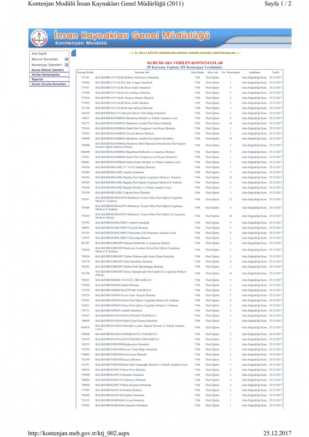 Balıkesir Alan Değişikliği Kontenjanları