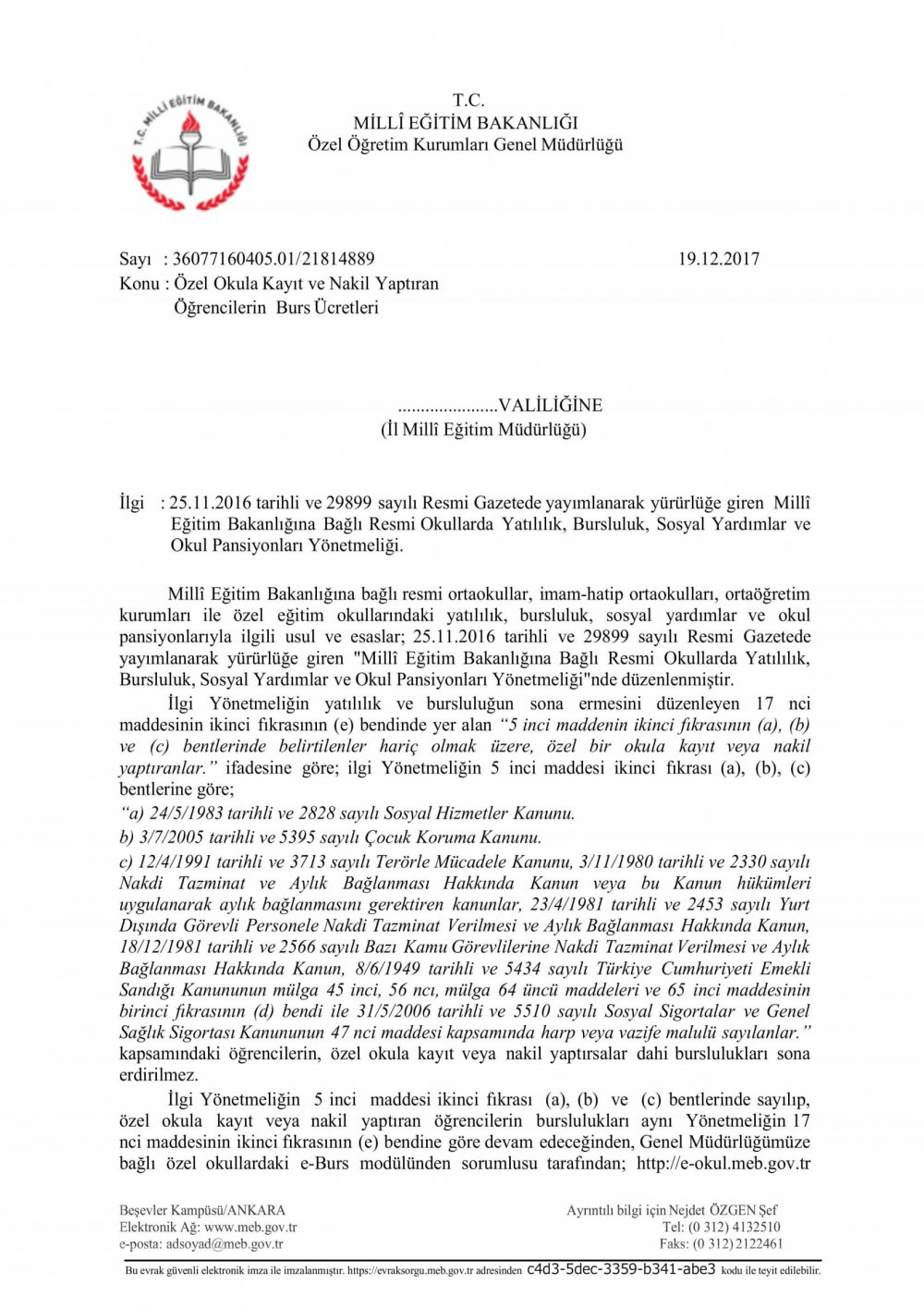 MEB'den ''Burs Ücretleri'' Yazısı