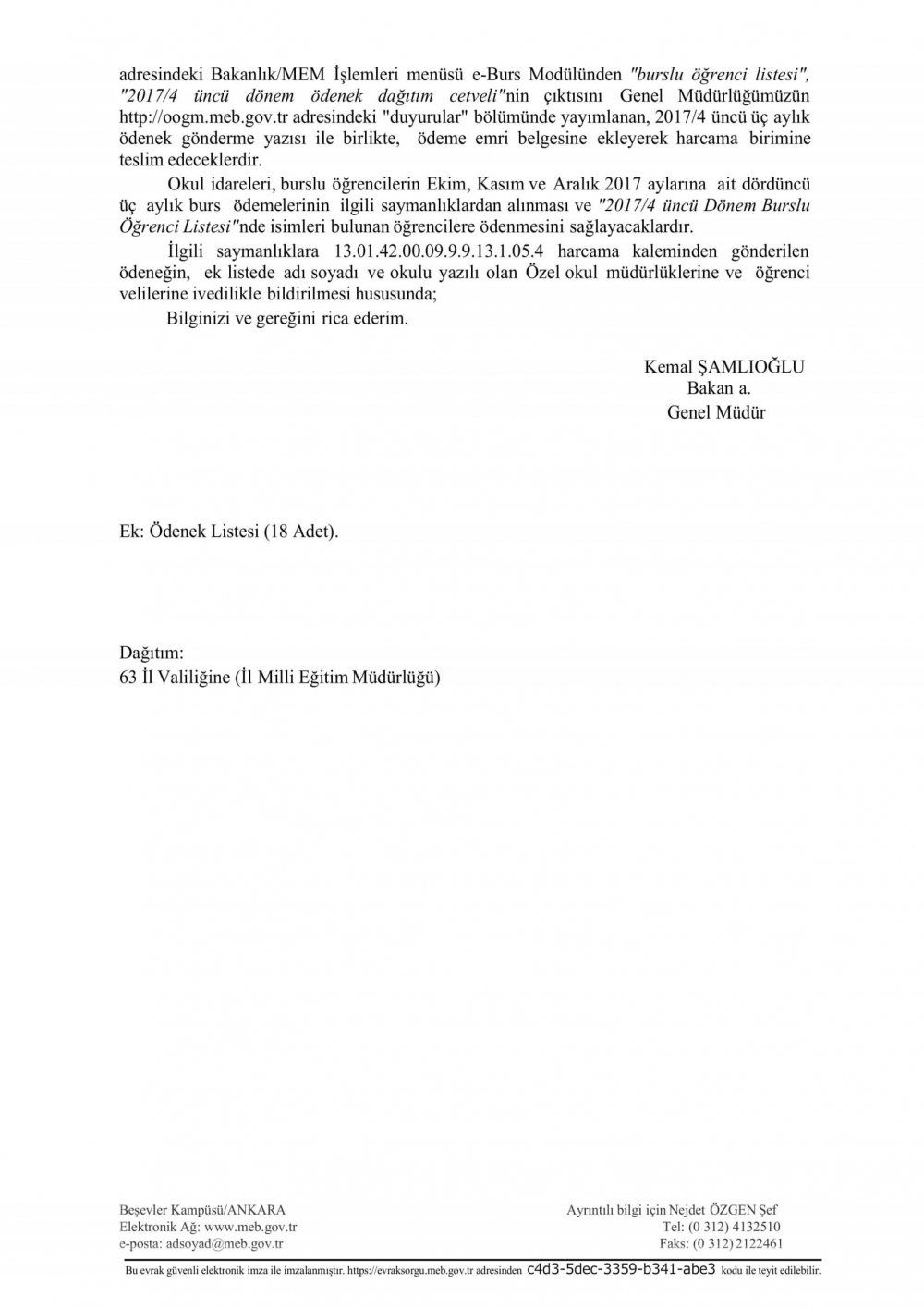 MEB'den ''Burs Ücretleri'' Yazısı