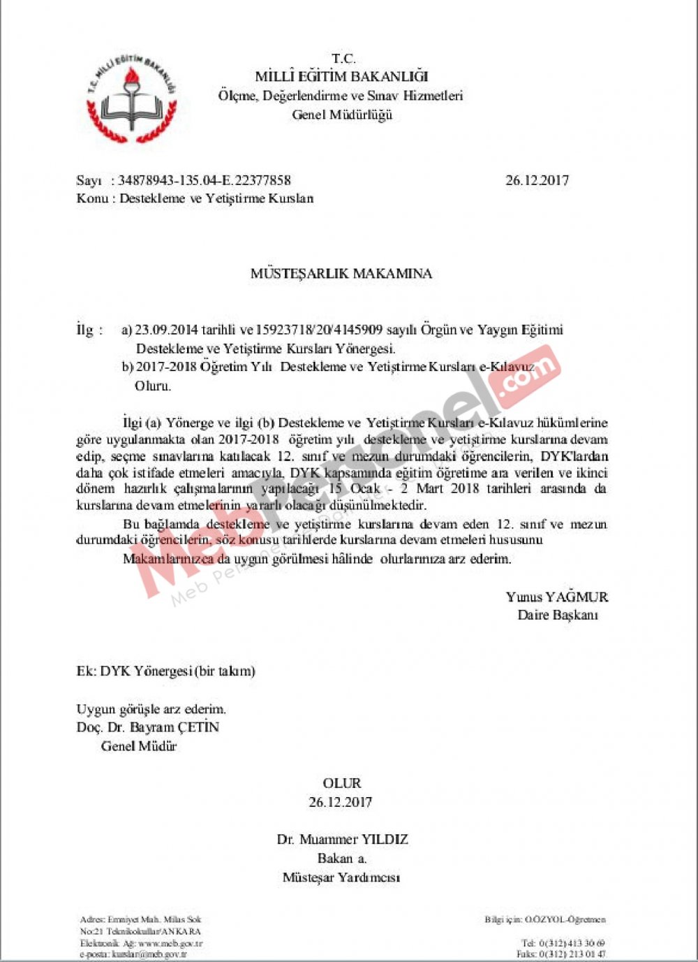 MEB'den ''Destekleme ve Yetiştirme Kursları'' Yazısı