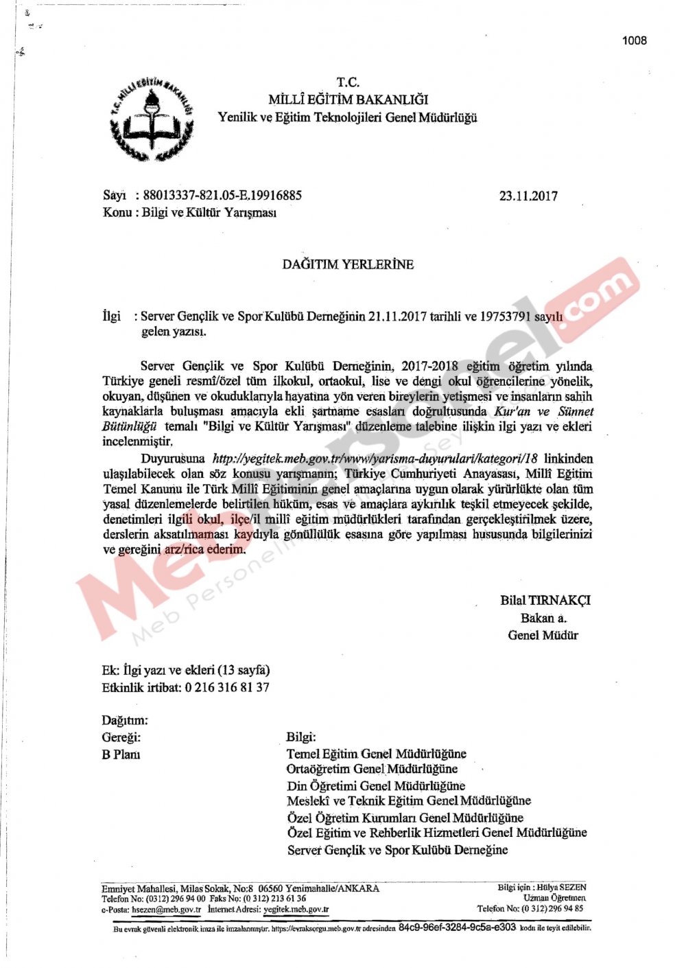 MEB'den ''Bilgi ve Kültür Yarışması'' Yazısı