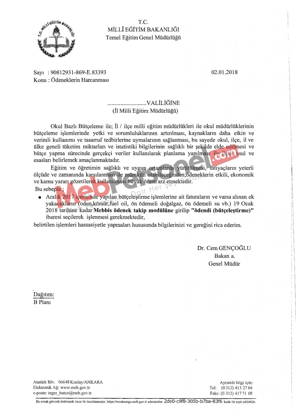 MEB'den Ödeneklerin Harcanması Yazısı