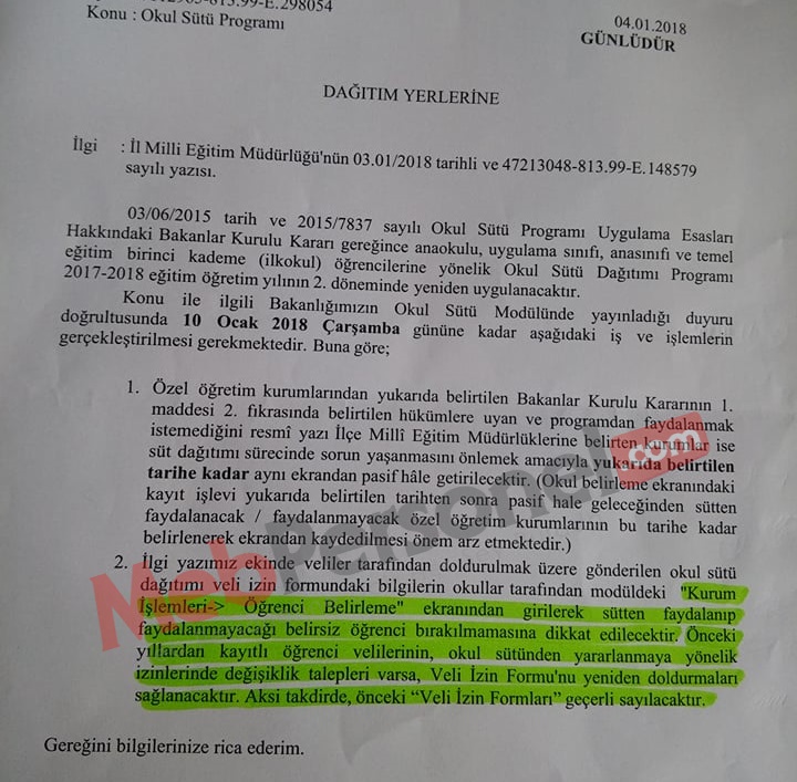 Okul Sütü Dağıtımı 2. Dönem Başlayacak (MEB Yazısı)