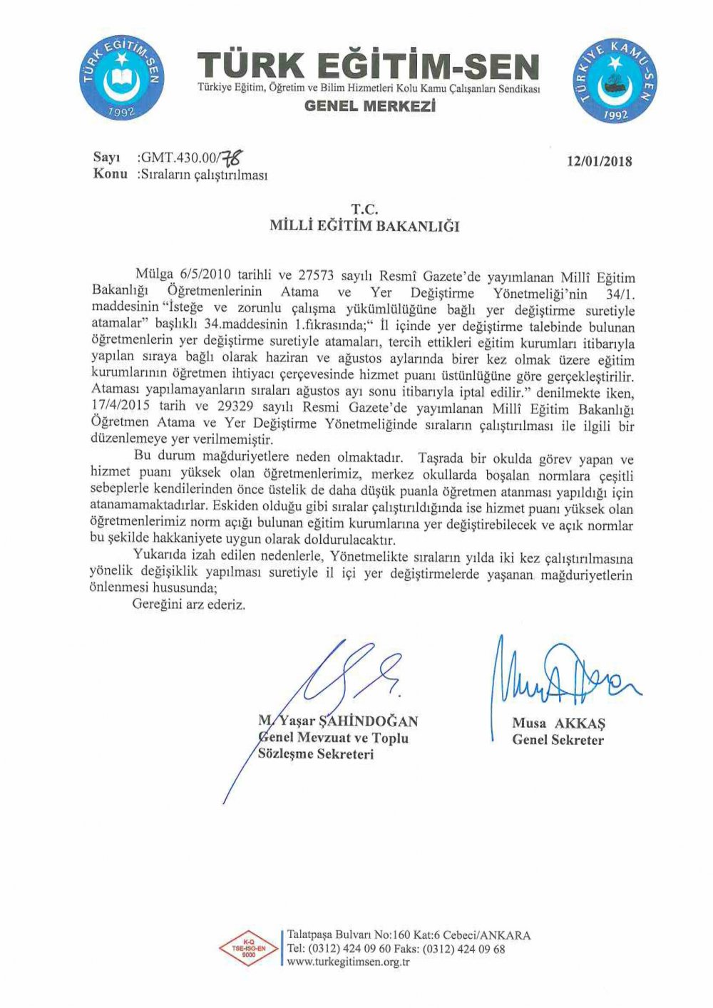 Türk Eğitim-Sen'den ''İl İçi Sıra'' Başvurusu