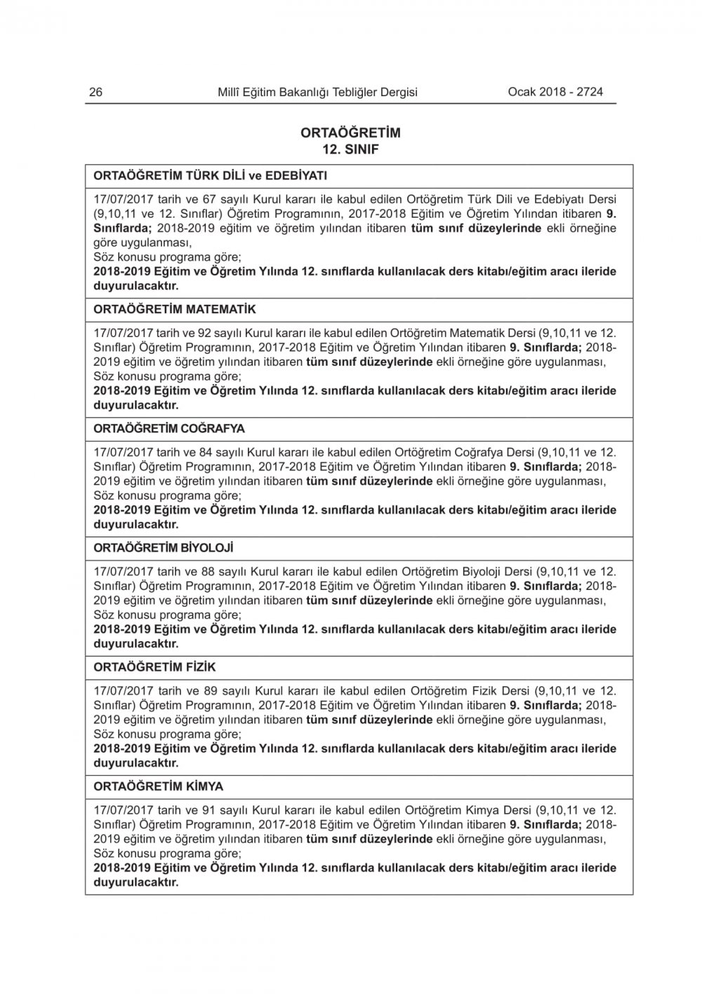 2018-2019 Eğitim-Öğretim Yılında Okutulacak Ders Kitapları Belli Oldu