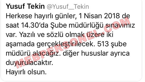 Yusuf Tekin Şube Müdürlüğü Sınav Tarihini Açıkladı