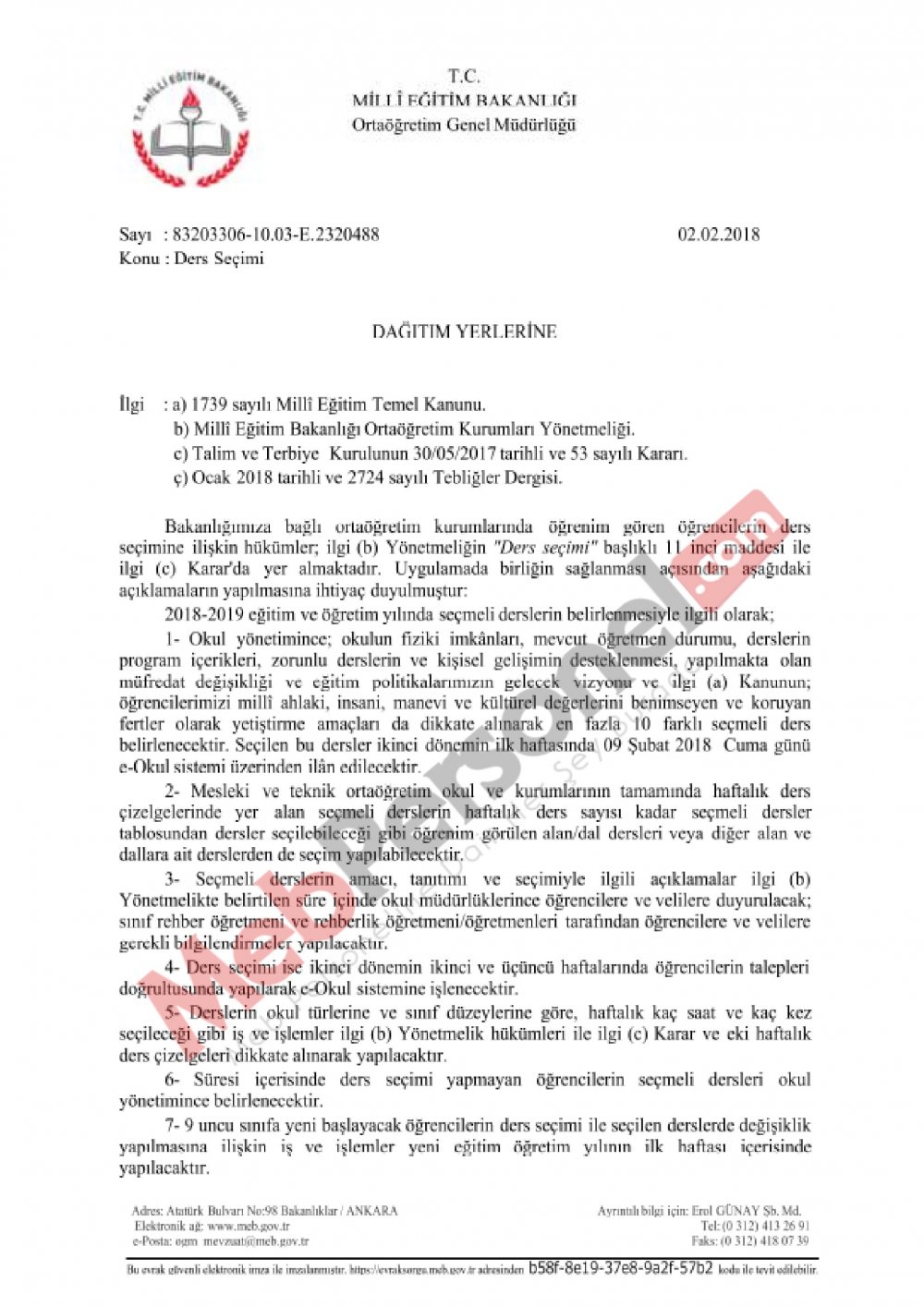 MEB'den ''Ders Seçimi'' Yazısı