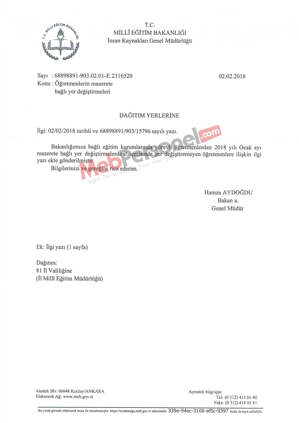 MEB'den ''İl İçi Mazerete Bağlı Yer Değiştirme'' Yazısı