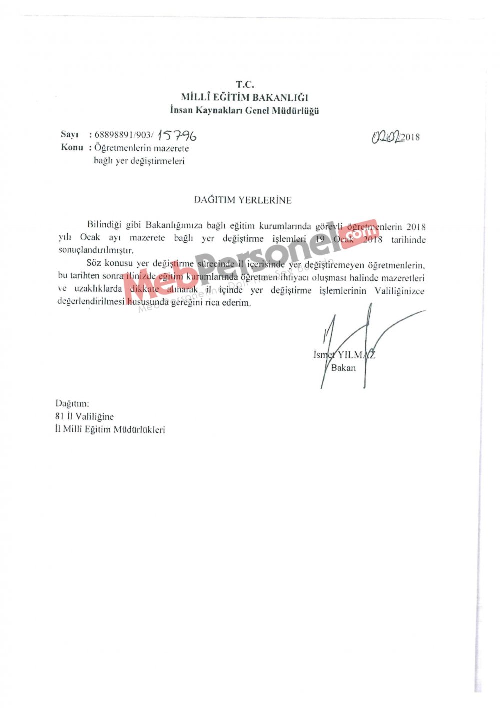 MEB'den ''İl İçi Mazerete Bağlı Yer Değiştirme'' Yazısı