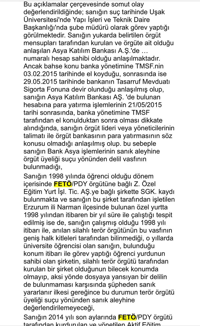 Banka hesabı ve sendika üyeliği olana beraat kararı