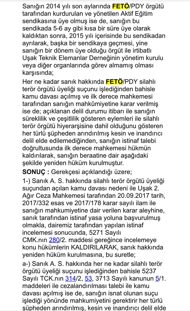 Banka hesabı ve sendika üyeliği olana beraat kararı