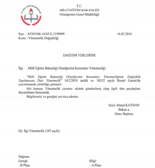 Ortaöğretim Kurumları Yönetmeliğinde Değişiklik Yapıldı