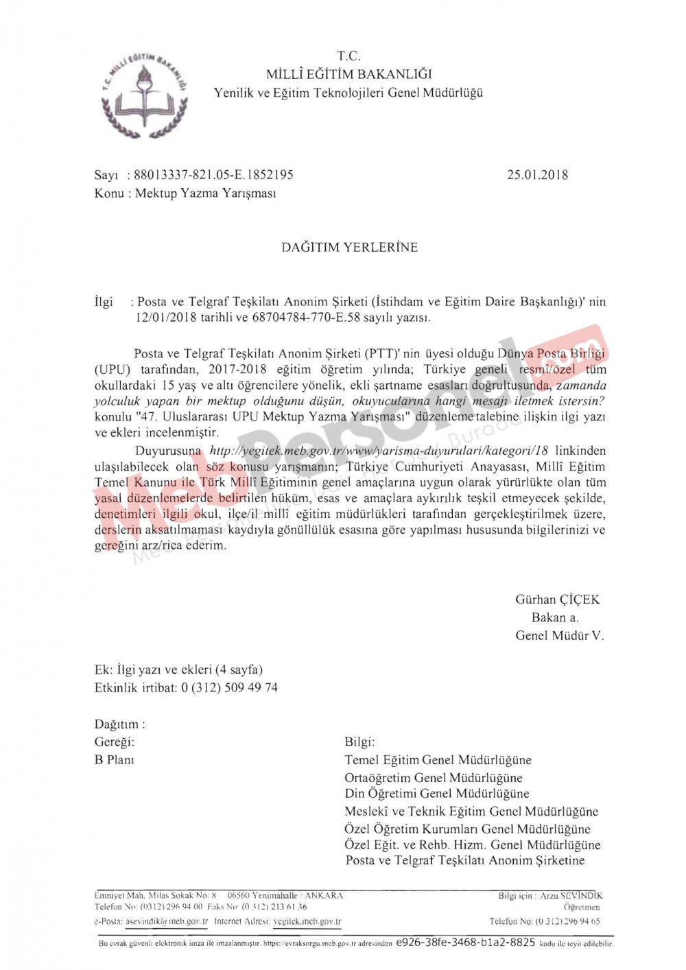 MEB'den ''Mektup Yazma Yarışması'' Yazısı