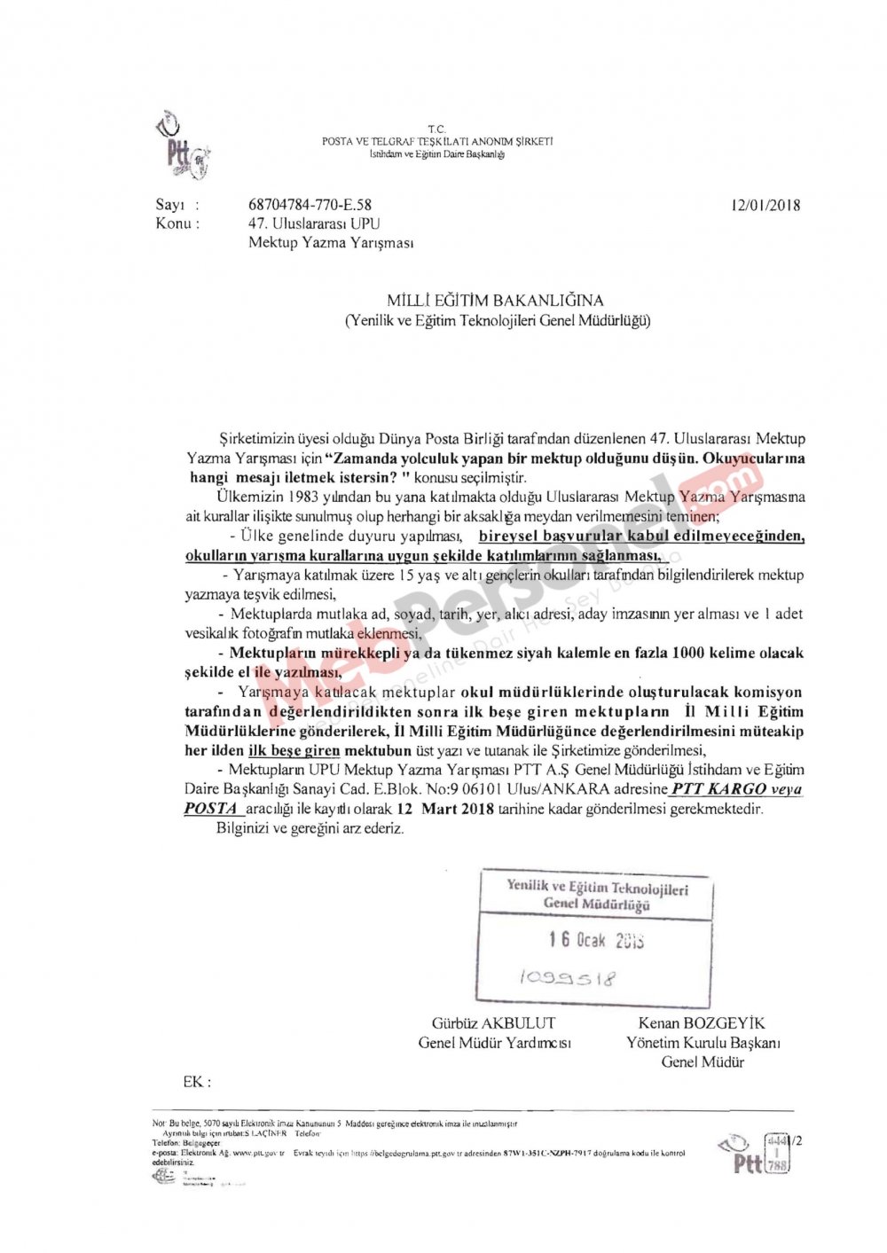 MEB'den ''Mektup Yazma Yarışması'' Yazısı