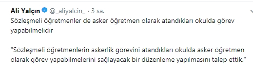 Yalçın'dan Sözleşmeli Asker Öğretmenlik Tweeti