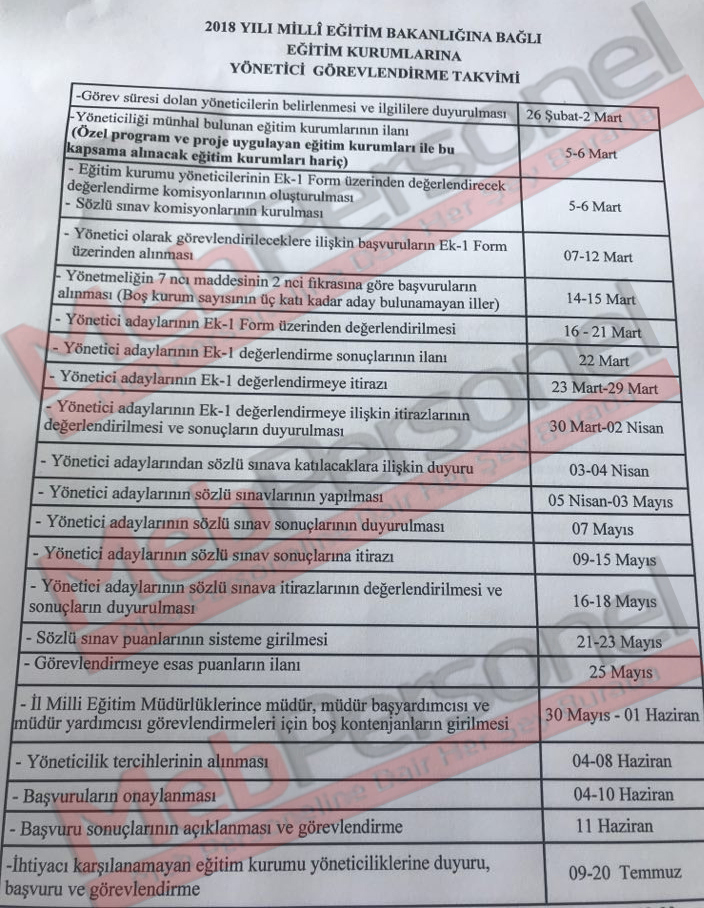 2018 Yönetici Atama Takvimi MEB Tarafından Açıklandı (GÜNCELLEME)