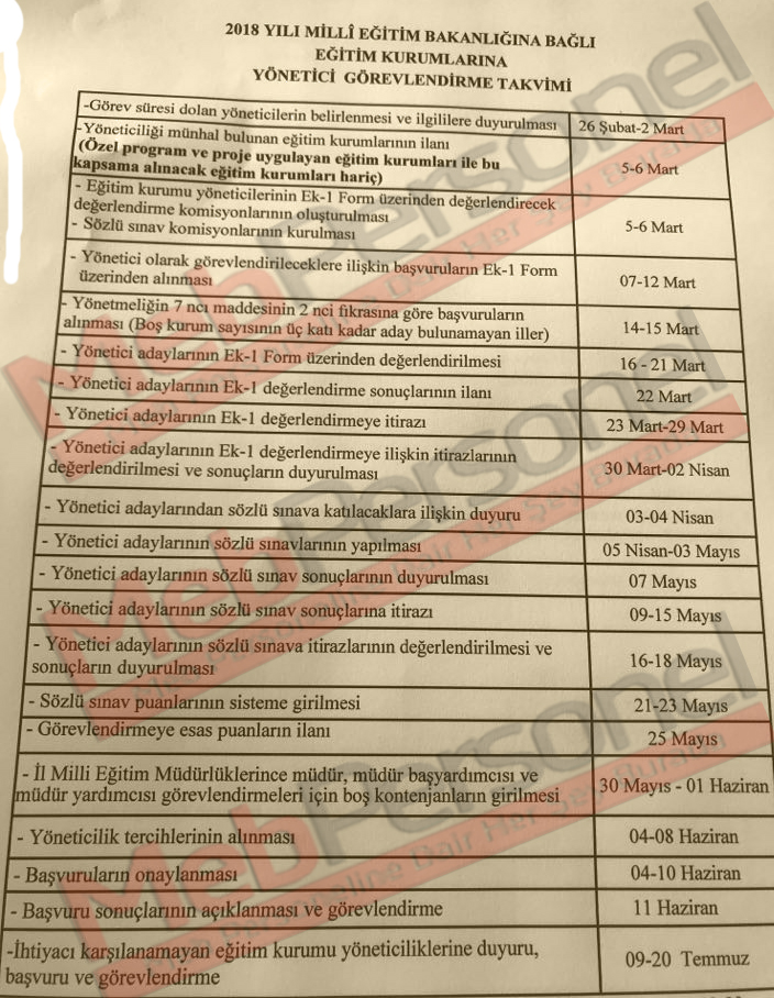 MEB Yönetici Atama Takvimi Güncellendi (2018)