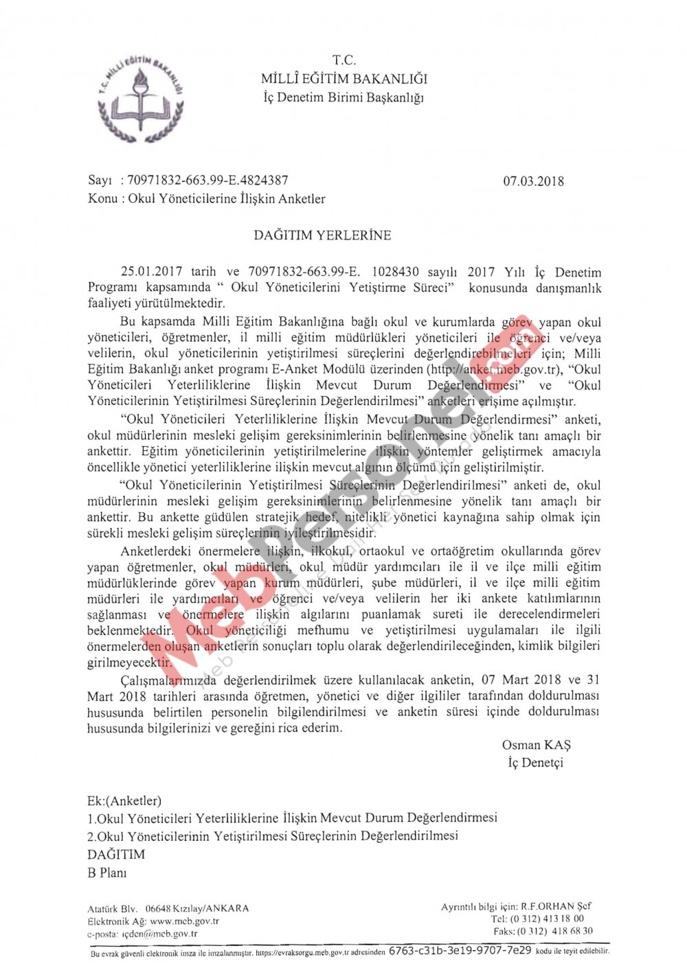 MEB'den ''Okul Yöneticilerine İlişkin Anketler'' Yazısı