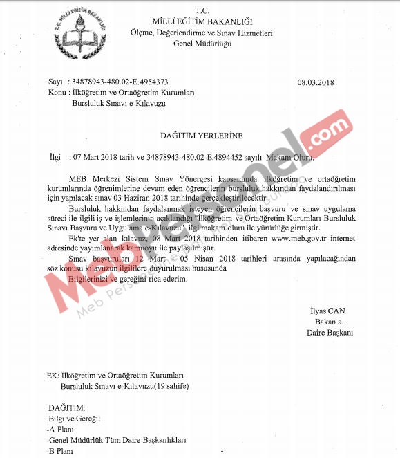 MEB'den Bursluluk Sınavı Yazısı