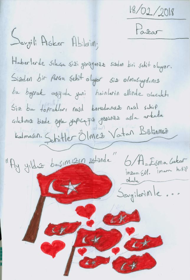 Öğrencilerden Mehmetçiğe teşekkür mektubu