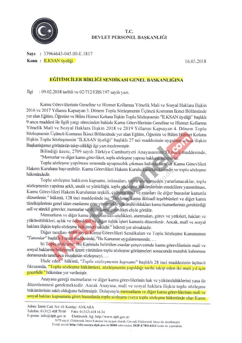 Devlet Personel Başkanlığından ''İLKSAN Üyeliği'' Yazısı