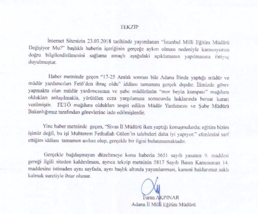 İSTANBUL MİLLİ EĞİTİM MÜDÜRÜ DEĞİŞİYOR MU ? (Tekzip Metni)