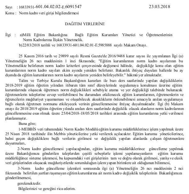 MEB'den ''Norm Güncelleme'' Yazısı