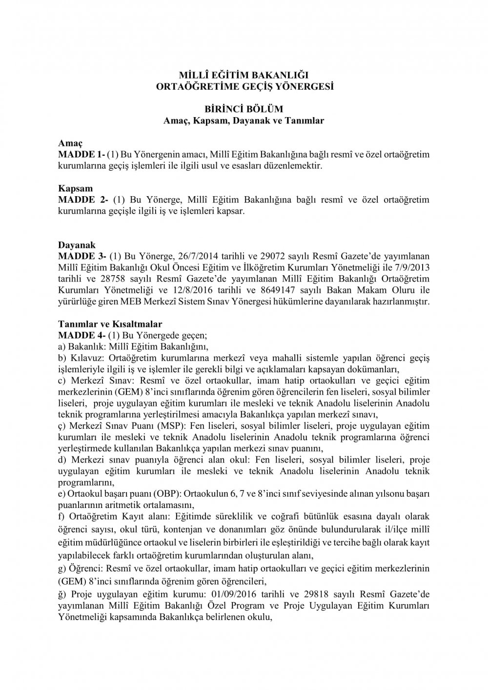 MEB ORTAÖĞRETİME GEÇİŞ YÖNERGESİ YAYIMLANDI