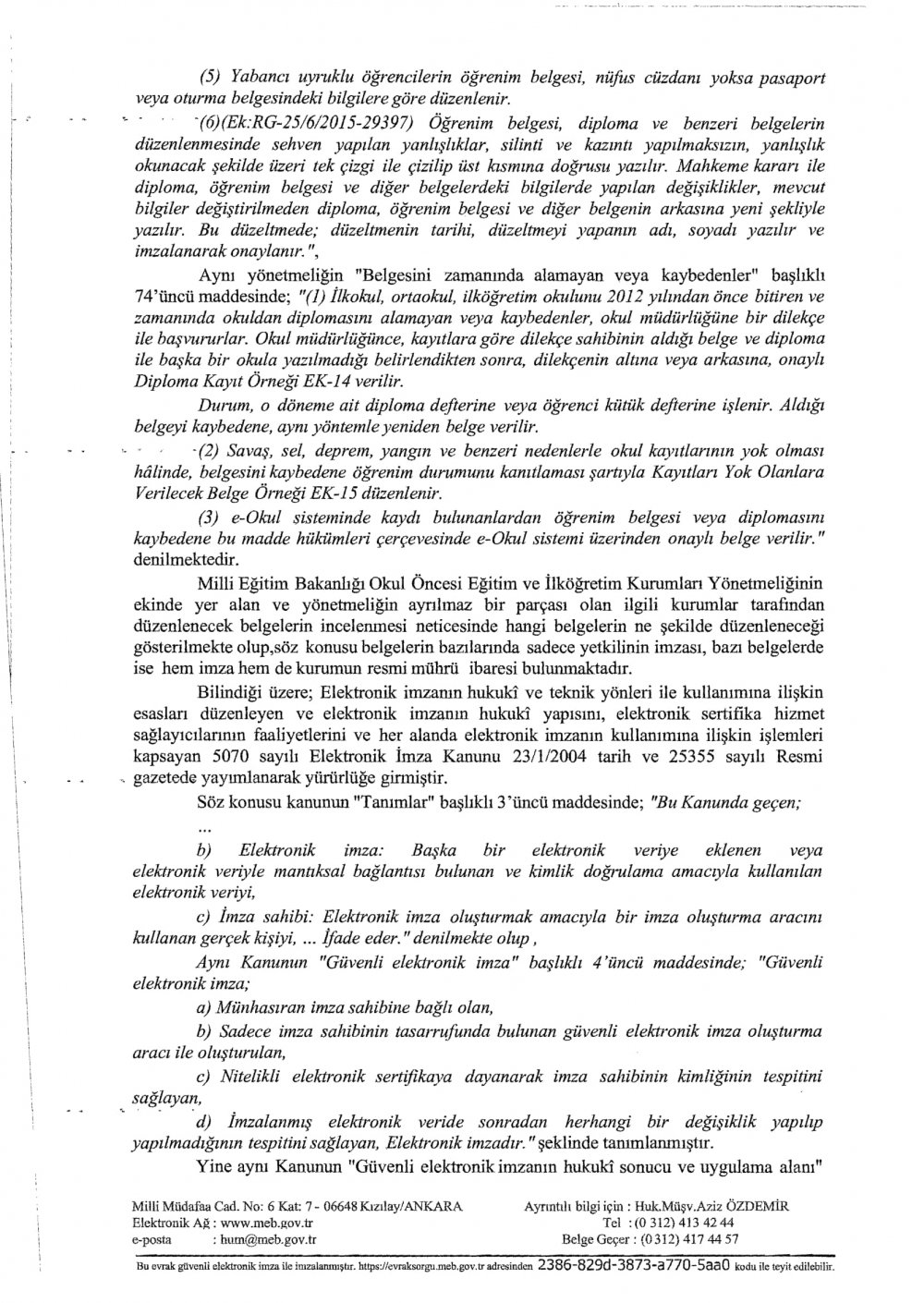 MEB'den ''e-İmzalı Belgeler'' Yazısı