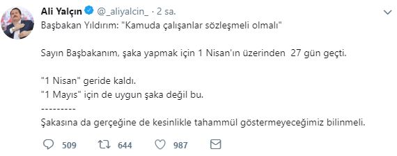 Yalçın, Başbakan Yıldırım'ın Açıklamalarına Tepki Gösterdi