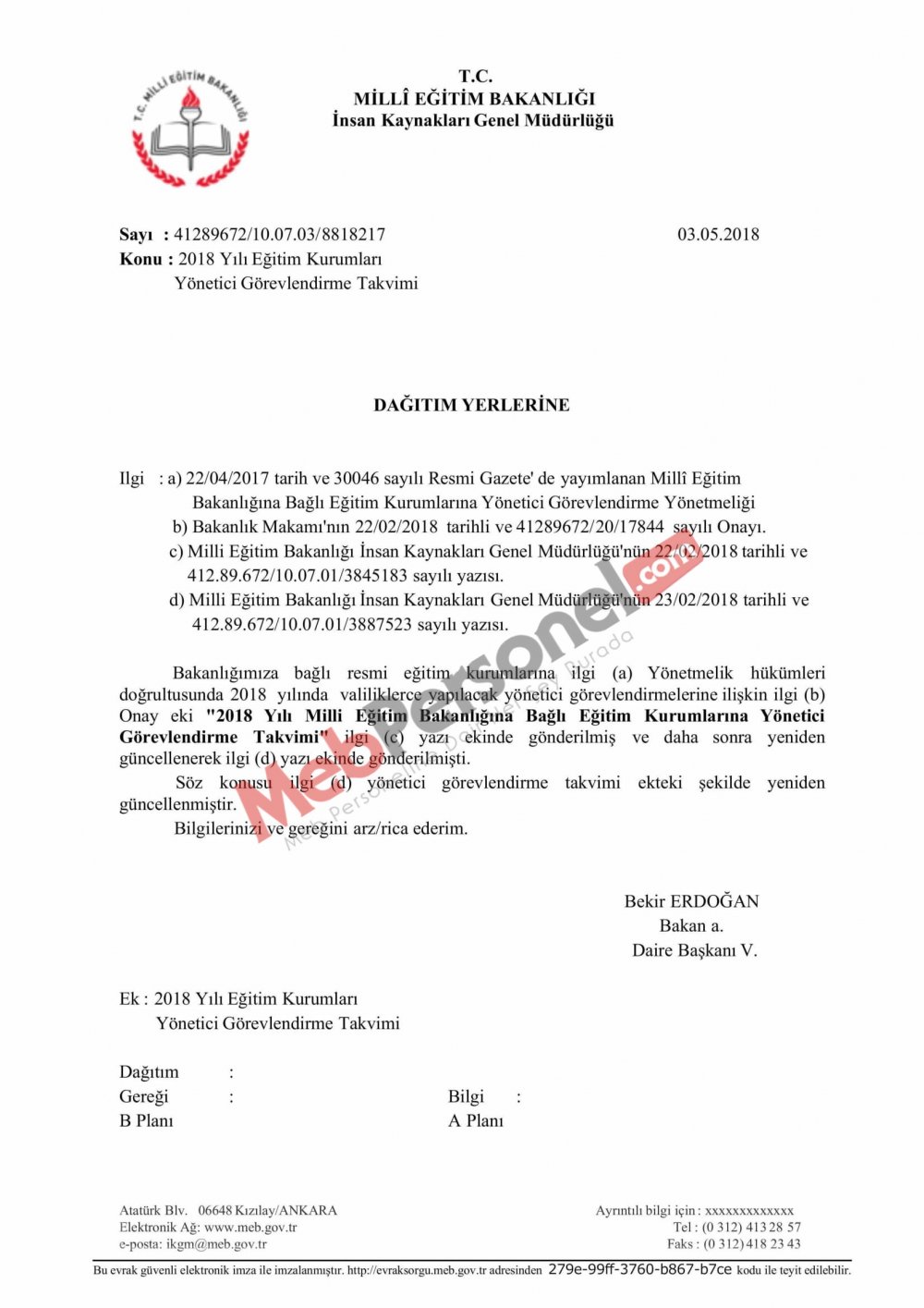 MEB'den ''2018 Eğitim Kurumları Yönetici Görevlendirme Takvimi'' Yazısı