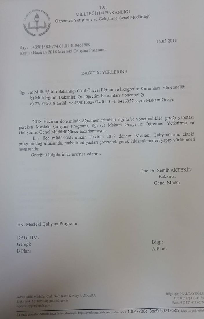 MEB'den ''Haziran 2018 Mesleki Çalışma Programı'' Yazısı