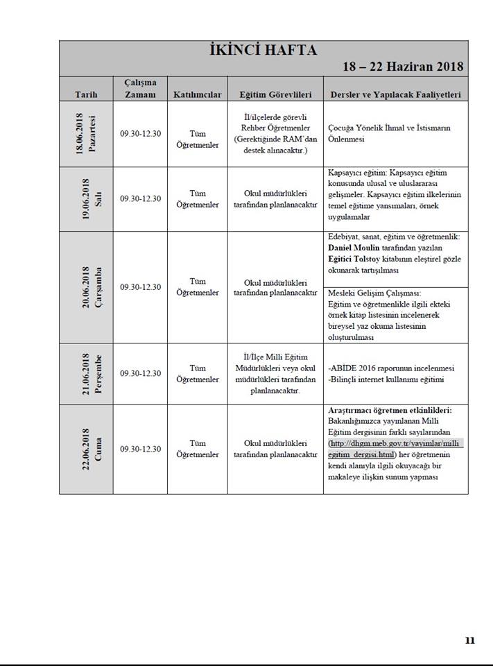 MEB'den ''Haziran 2018 Mesleki Çalışma Programı'' Yazısı