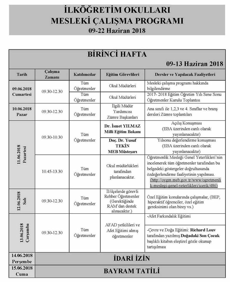 MEB'den ''Haziran 2018 Mesleki Çalışma Programı'' Yazısı