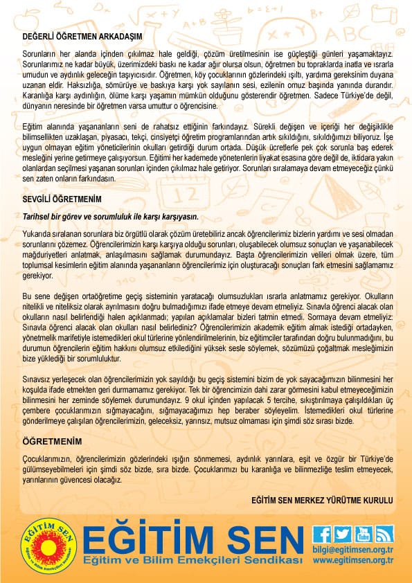Eğitim-Sen'den Tüm Öğretmenlere Çağrı