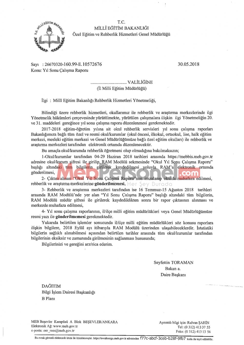 MEB'den ''Yıl Sonu Çalışma Raporu'' Yazısı