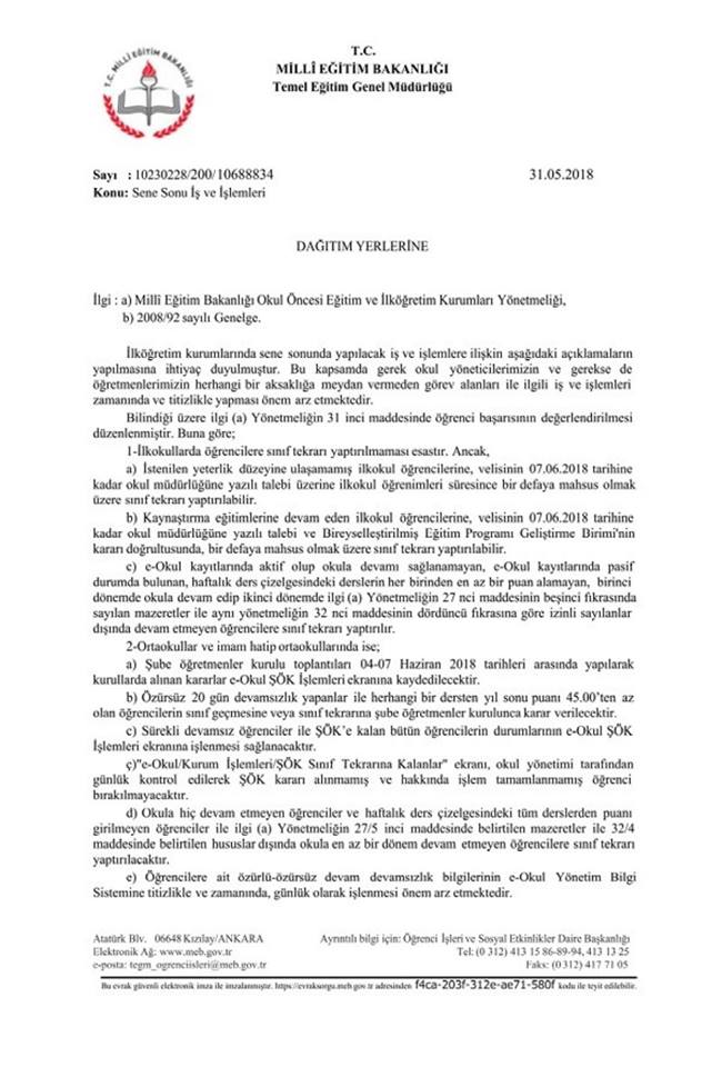 MEB'den ''Sene Sonu İş ve İşlemleri'' Yazısı