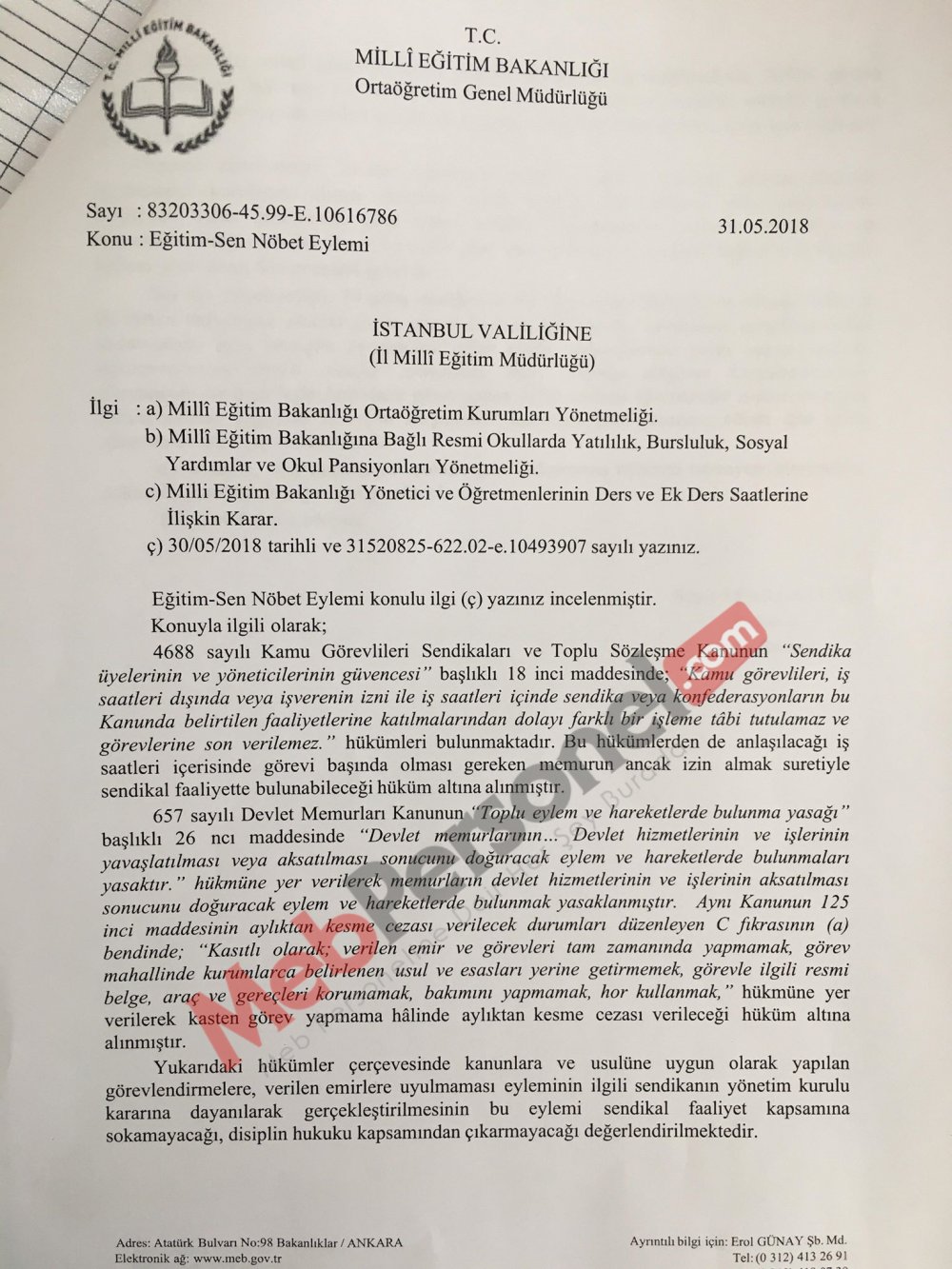 MEB'den ''Nöbet Eylemi'' Yazısı