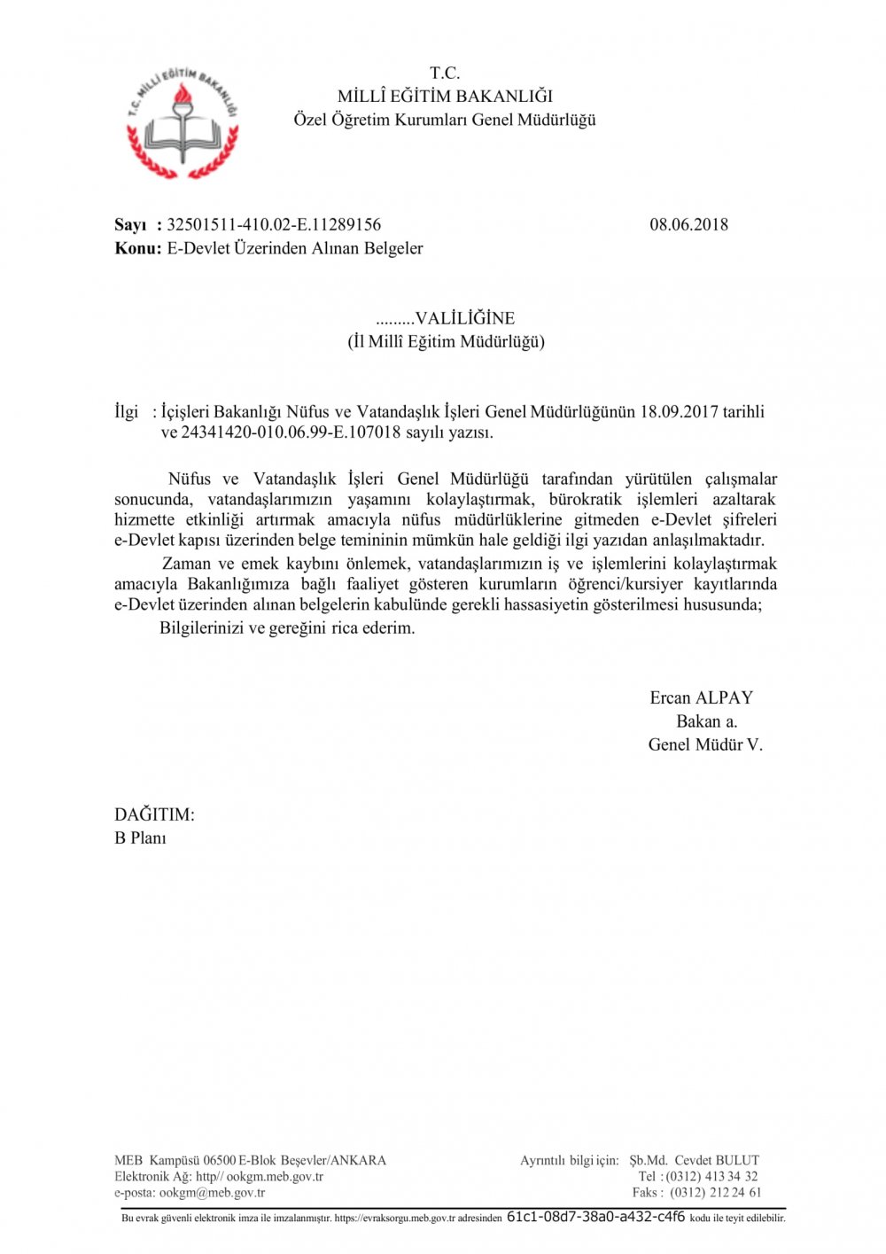 MEB'den ''E-Devlet Üzerinden Alınan Belgeler'' Yazısı