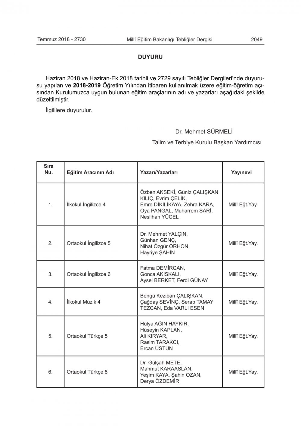 2018-2019 Eğitim-Öğretim Yılında Okutulacak Ders Kitaplarının Adları, Yayınevleri ve Yazarları Açıklandı