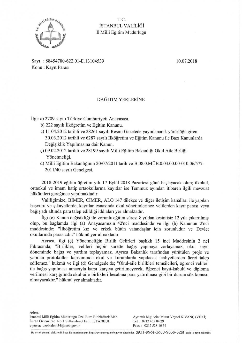 Okul Kayıtlarına İlişkin Önemli Duyuru