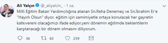 Ali Yalçın'dan, Ataması Yapılan Bakan Yardımcıları İçin Hayırlı Olsun Mesajı