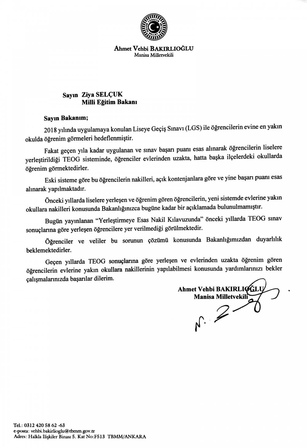 CHP'li Bakıroğlu, TEOG ile yerleşenlerin nakillerini Milli Eğitim Bakanı'nın gündemine taşıdı