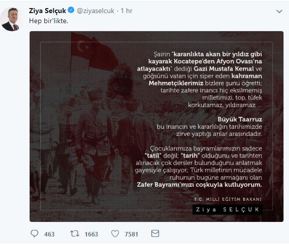 Bakan Selçuk'tan 30 Ağustos Paylaşımı